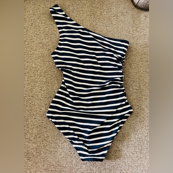 Michael Kors White and Navy Blue One Piece Swimsuit with Gold Brand Hardware - Picture 4 of 8